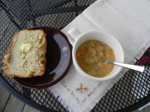 Potato soup and bread.