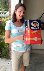 Sarah with 10 pounds of oatmeal.