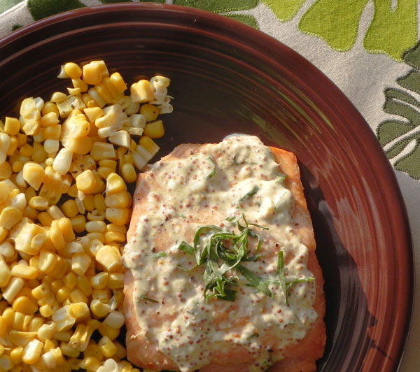 Salmon with Lemon, Tarragon, and Garlic Sauce via thepajamachef.com
