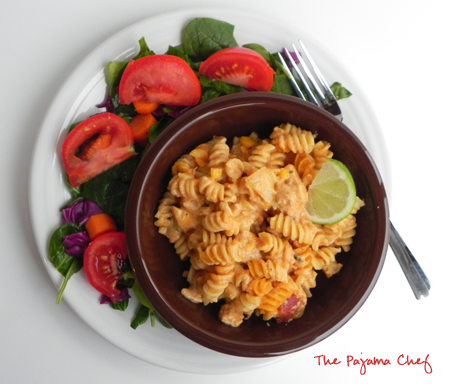 My kind of comfort food. Spicy chicken and an easy, creamy alfredo sauce tossed with tender noodles, salsa, and corn. What’s not to love? Plus, it was easy to mix everything up in a big skillet on the stove and pour into a casserole dish for baking. #sogood
