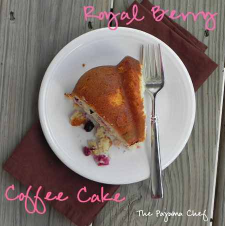 slice of royal berry coffee cake on a plate with text reading "royal berry coffee cake" in the background