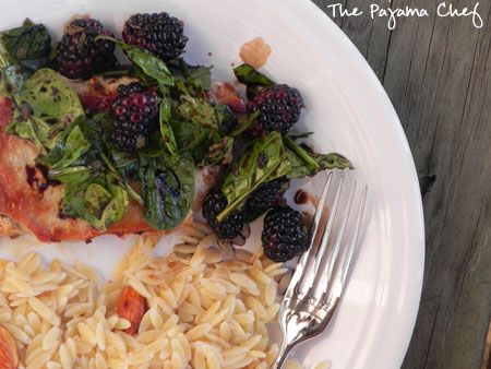 Pork Chops with Balsamic Blackberry Salad + Orzo on a plate