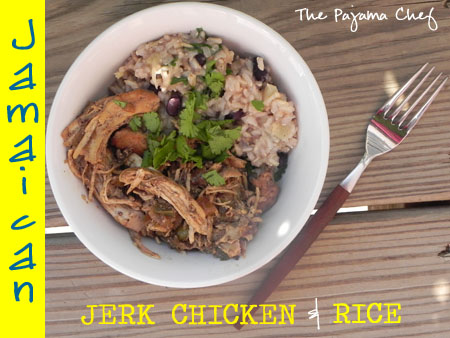 jamaican jerk chicken and pineapple black bean rice on a plate