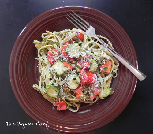 Fettuccine with Pistachio-Mint Pesto + Summer Vegetables | thepajamachef.com