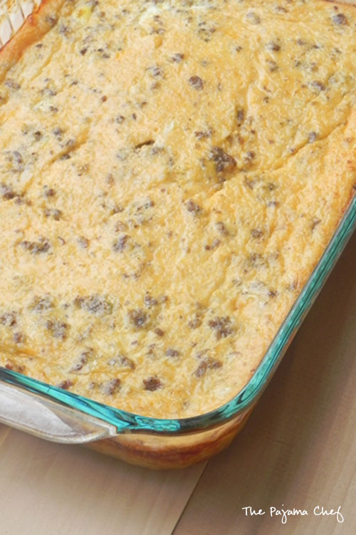 Lightened Up Cheesy Sausage Grits Breakfast Casserole | thepajamachef.com