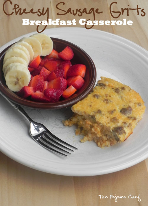 Lightened Up Sausage Cheese Grits Breakfast Casserole | thepajamachef.com