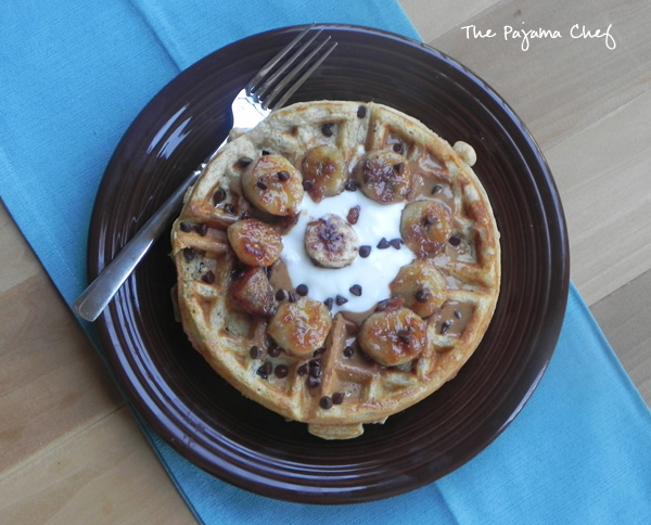 Ultimate Chocolate Chip Waffles with Caramelized Bananas | thepajamachef.com