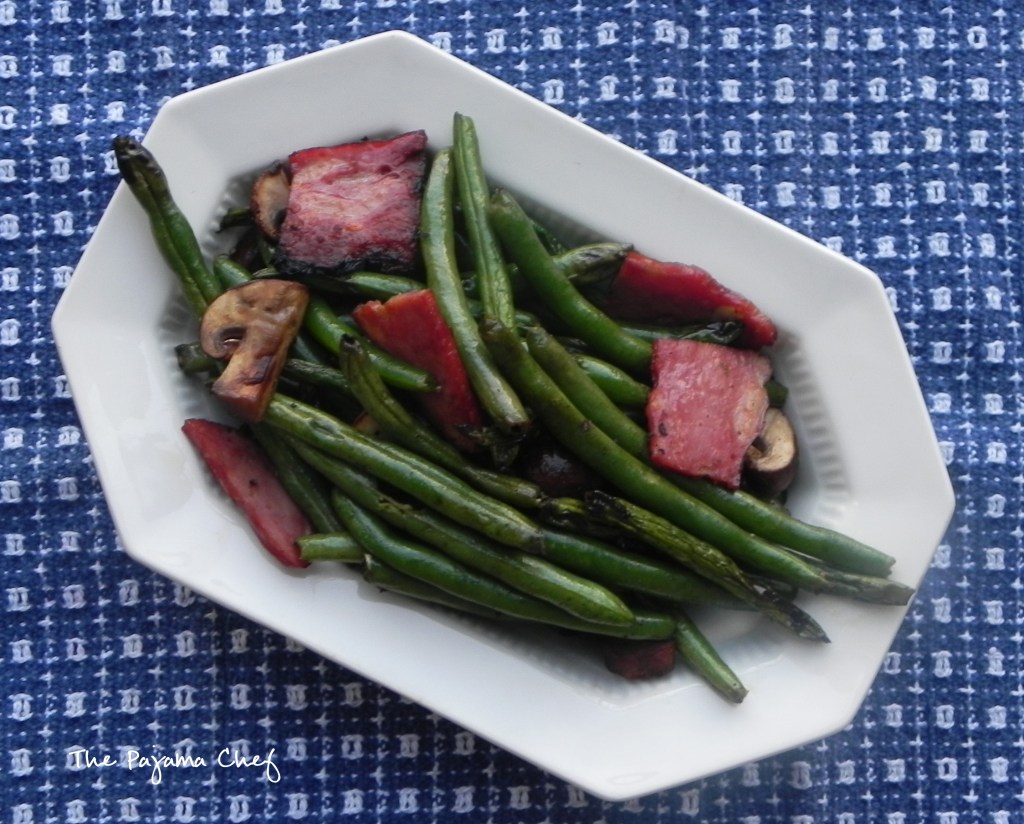 Grilled Green Beans, Mushrooms, and Duck Bacon | thepajamachef.com #10DaysofTailgate