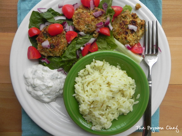 Falafel, Tzatziki, and Greek Lemon Rice | thepajamachef.com #SRC #vegetarian