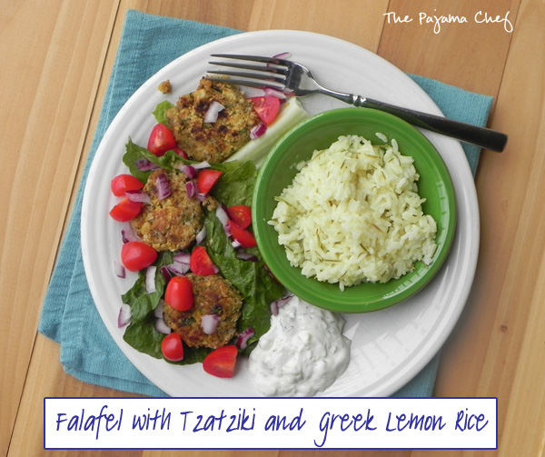 Falafel, Tzatziki, and Greek Lemon Rice | thepajamachef.com #SRC #vegetarian
