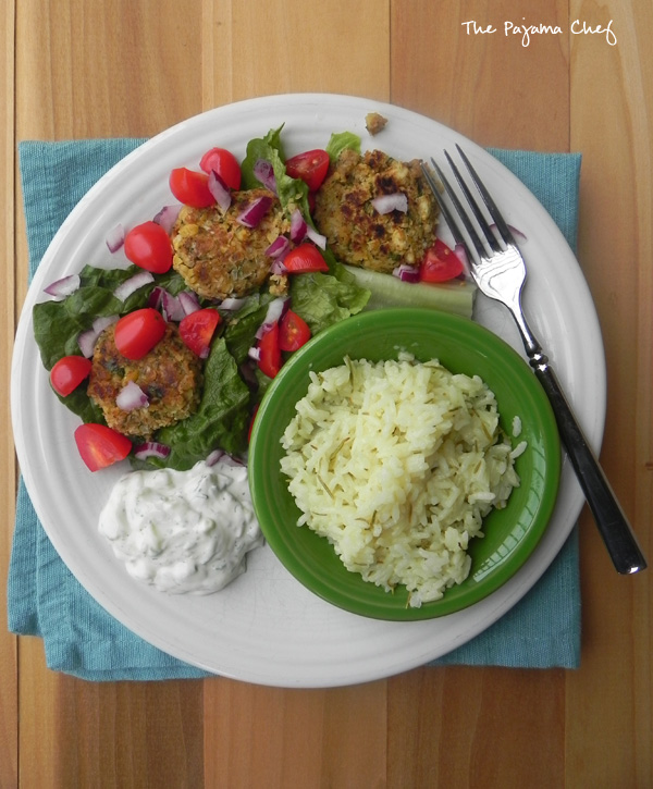 Falafel, Tzatziki, and Greek Lemon Rice | thepajamachef.com #SRC #vegetarian