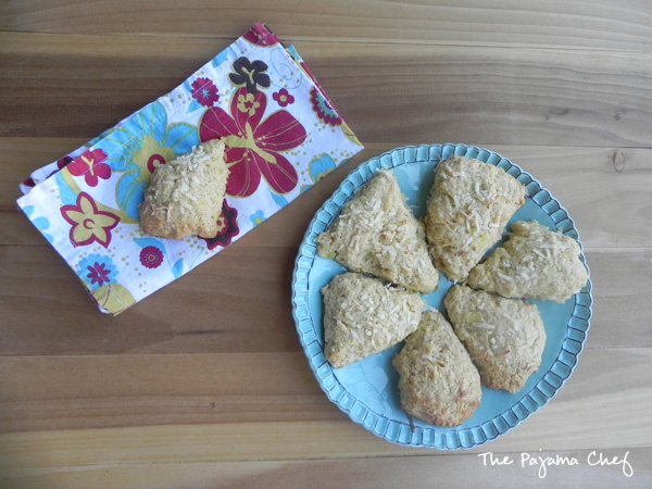 Pineapple Scones... a tropical treat with crunchy cashews, smooth coconut, and sweet pineapple in every bite! Find the recipe on thepajamachef.com