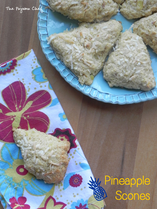 Pineapple Scones... a tropical treat with crunchy cashews, smooth coconut, and sweet pineapple in every bite! Find the recipe on thepajamachef.com