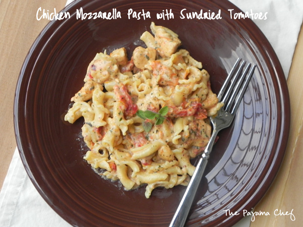 Chicken Mozzarella Pasta with Sundried Tomatoes| a creamy, flavorful weeknight pasta dish that's fancy enough for company! Find the recipe on thepajamachef.com