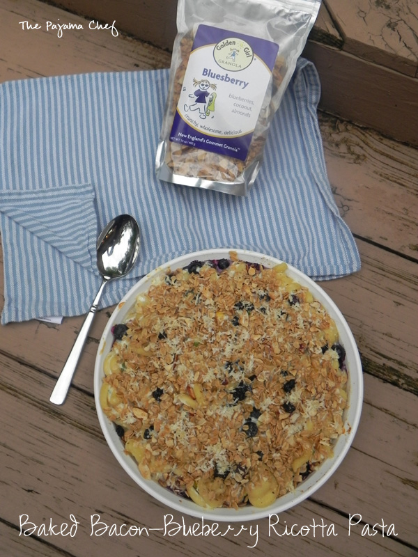 Baked Bacon-Blueberry Ricotta Pasta | an easy, cheesy baked pasta with a surprise topping! Find the recipe on thepajamachef.com