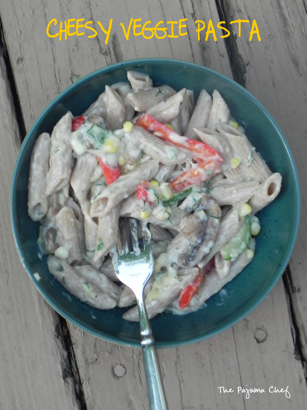 Pasta bursting with all your farmer's market faves and some yummy cheese! Cheesy Veggie Pasta via thepajamachef.com