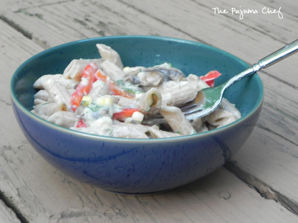 Pasta bursting with all your farmer's market faves and some yummy cheese! Cheesy Veggie Pasta via thepajamachef.com