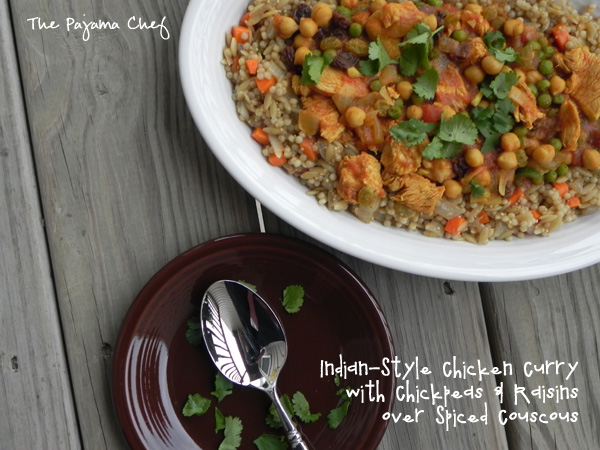 Indian-Style Chicken Curry with Chickpeas and Raisins over Spiced Couscous | thepajamachef.com #thebookclubcookbookCC