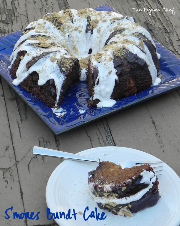 This incredible S'mores Bundt Cake is made with graham cracker crumbs--no flour--and is so delicious you won't be able to stop at just one slice! You'll always want "s'more!" Hahaha. But seriously, even though it's super rich, you will. :) #secretrecipeclub