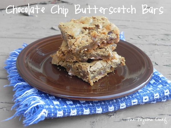 These gooey and quick from-scratch cookie bars are filled with lots of chocolate and butterscotch. They're perfect for when you wanted dessert an hour ago. :)