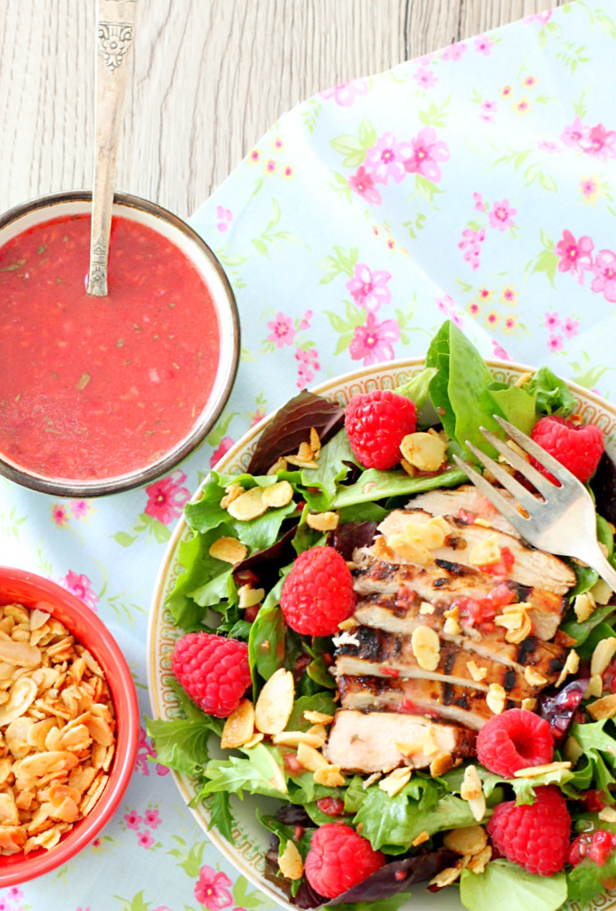 Raspberry Grilled Chicken Salad with Candied Cayenne Almonds - Foodtastic Mom