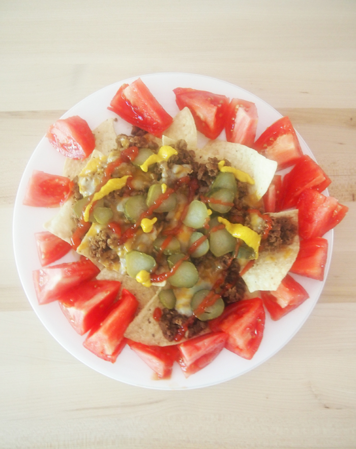 Vegetarian “Cheeseburger” Nachos - Pies and Plots