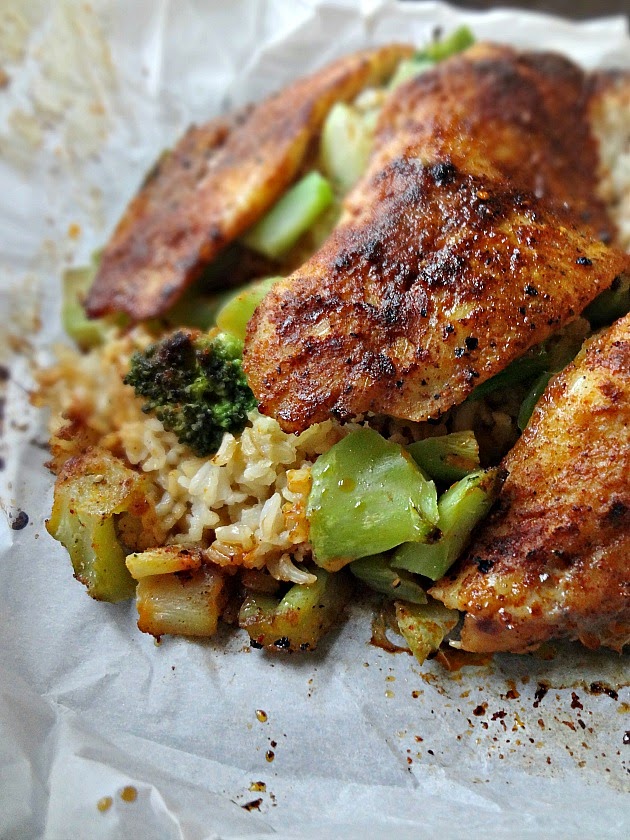 Swai, Rice, and Broccoli in Parchment Paper