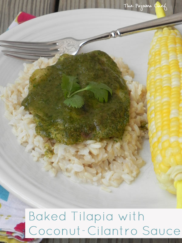 An easy baked tilapia dish jazzed up with a creamy, dreamy green sauce... this simple meal is fresh and flavorful, perfect for summer! #bookclubcookbookCC