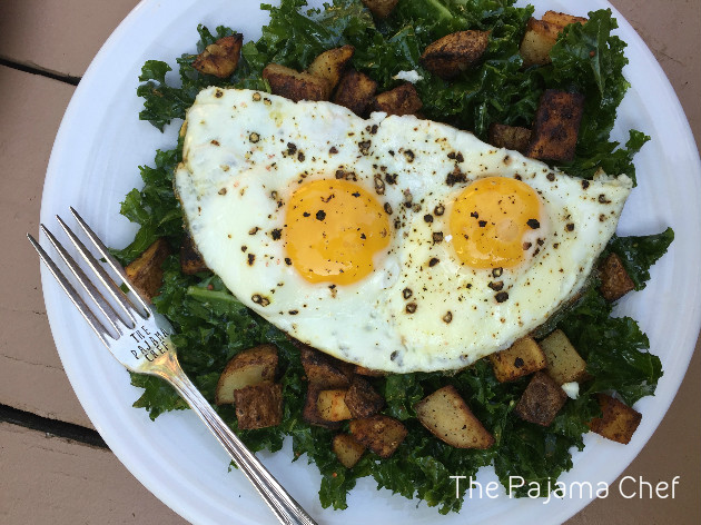 This kale salad is truly awesome. I mean, adding fried eggs and fried potatoes to kale makes it awesome, even if it sounds a little weird at first. You need to try this!