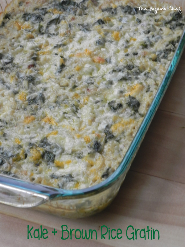 Cozy up to fall with this hearty and cheesy side dish. Kale and Brown Rice Gratin... filling enough for a meatless dinner, but fancy enough for a holiday side dish. The best of both worlds!