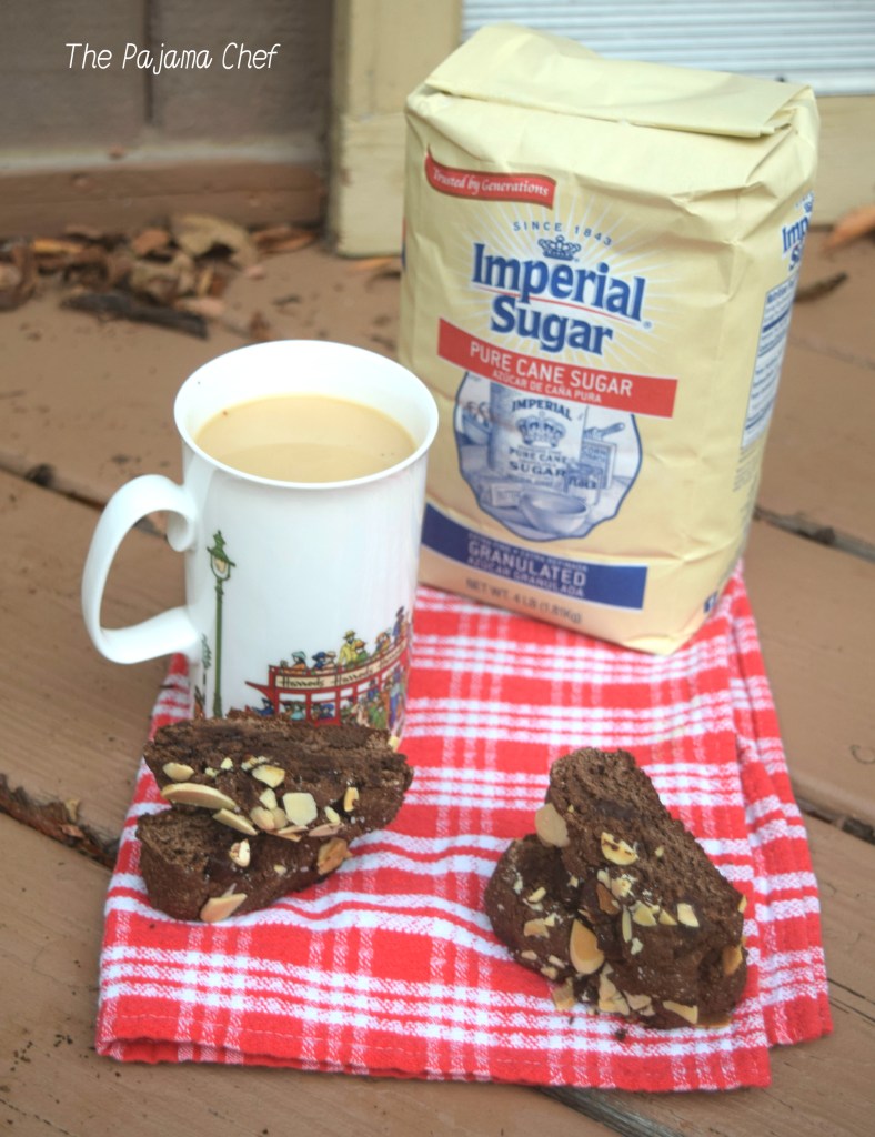 Deep, dark, rich chocolate biscotti studded with dark chocolate chunks and topped with crunchy almonds! Thank you to Imperial Sugar for providing the product used in this recipe! All opinions are my own. #sponsored #Choctoberfest