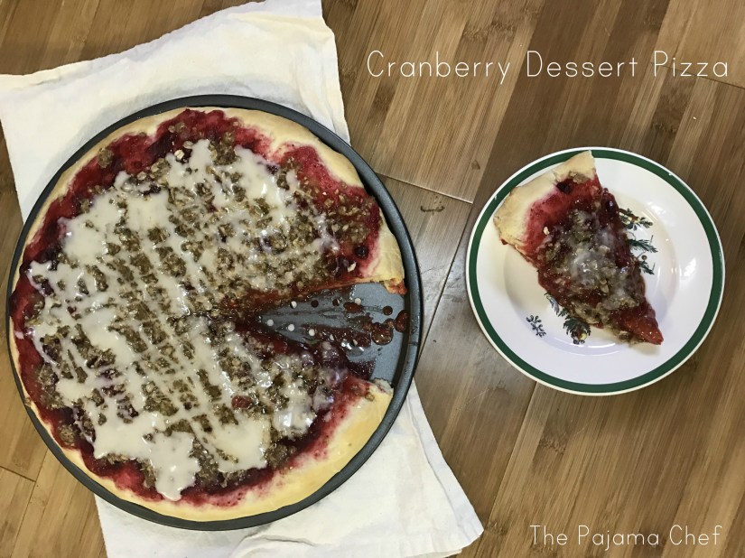 Dessert pizza just like your local Pizza Hut used to make... except dressed up for the holidays with a honeyed cranberry sauce! There's crumb topping and vanilla glaze too. Each bite of this sweet treat is better than the last!