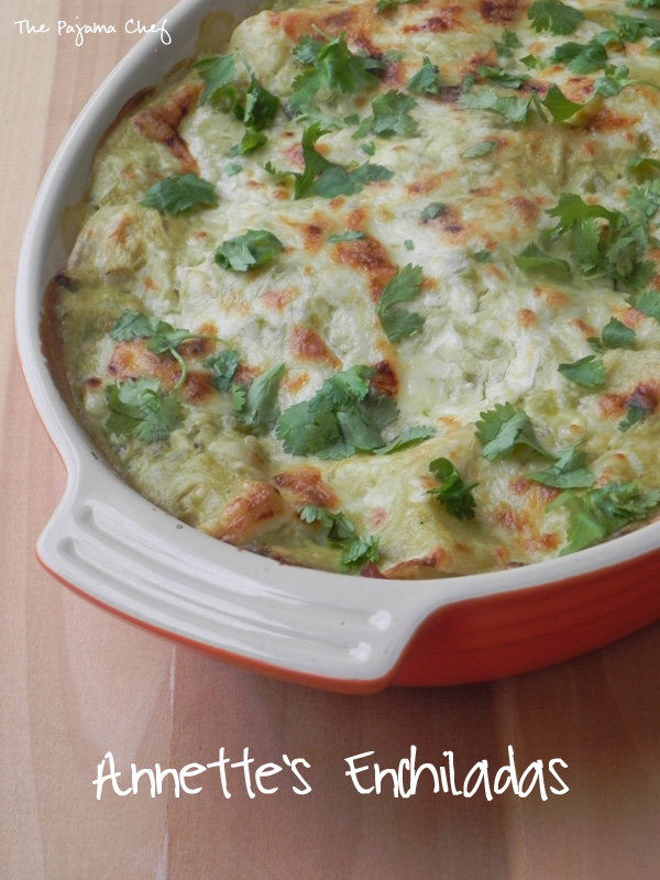 Cheesy, bubbly layered chicken enchiladas--so comforting and delicious. This dinner is super easy and can be made ahead or even frozen. Recipe from Shauna Niequist's Bread and Wine!