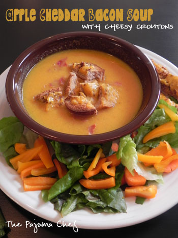 Cheesy soup gets dressed up with sweet apples, salty bacon, and ooey gooey cheesy croutons! 