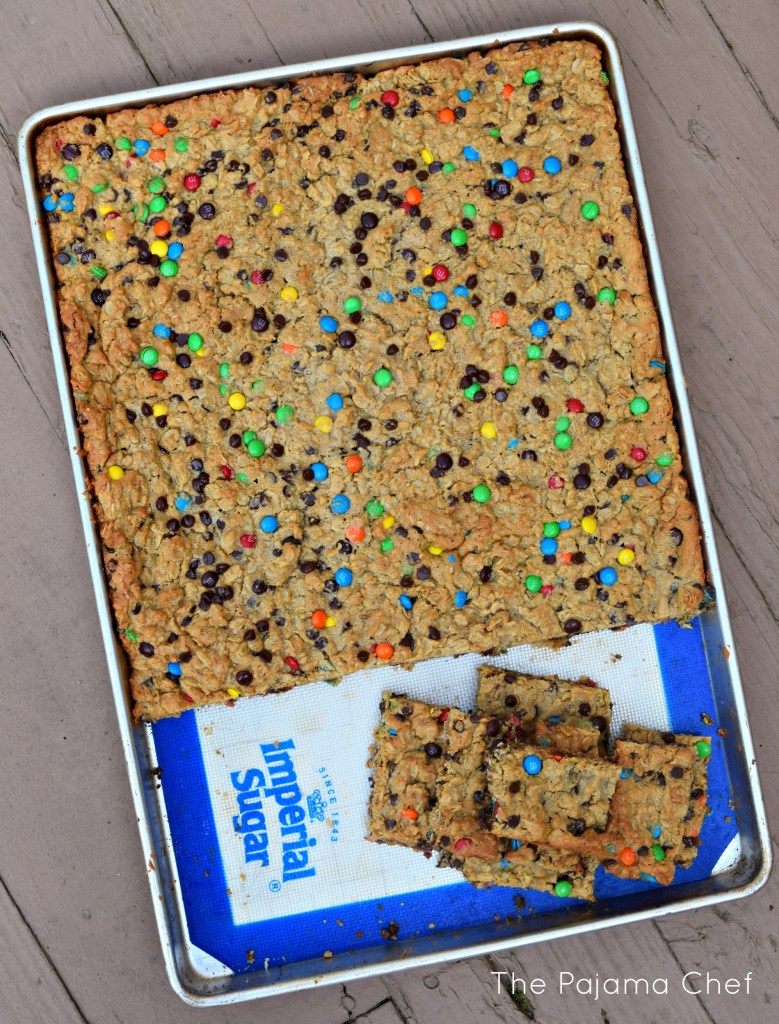 These monster cookie bars are an easy, chewy dessert that you'll enjoy all summer long! They're also a great gluten-free dessert when made with gluten-free oats so everyone will enjoy them!