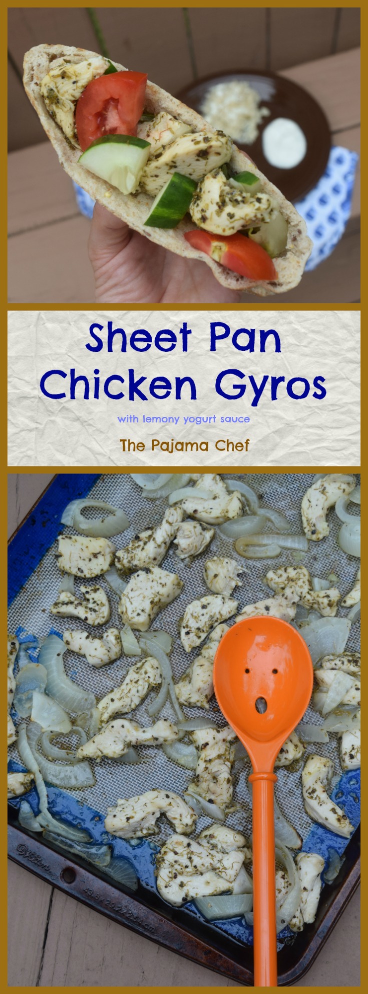 Chicken gyros--baked in the oven--are a wonderful weeknight dinner option! Lemony yogurt sauce makes these tender herbed chicken strips even more amazing. These gyros are great served with pita, rice, and lots of fresh veggies.