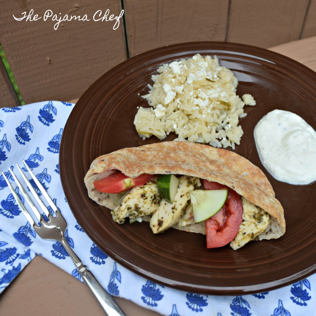 Chicken gyros--baked in the oven--are a wonderful weeknight dinner option! Lemony yogurt sauce makes these tender herbed chicken strips even more amazing. These gyros are great served with pita, rice, and lots of fresh veggies.