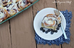 If you love cinnamon rolls, and you love blueberries, you NEED TO MAKE THIS RECIPE! Recipe for Blueberry Sweet Rolls on thepajamachef.com @thepajamachef