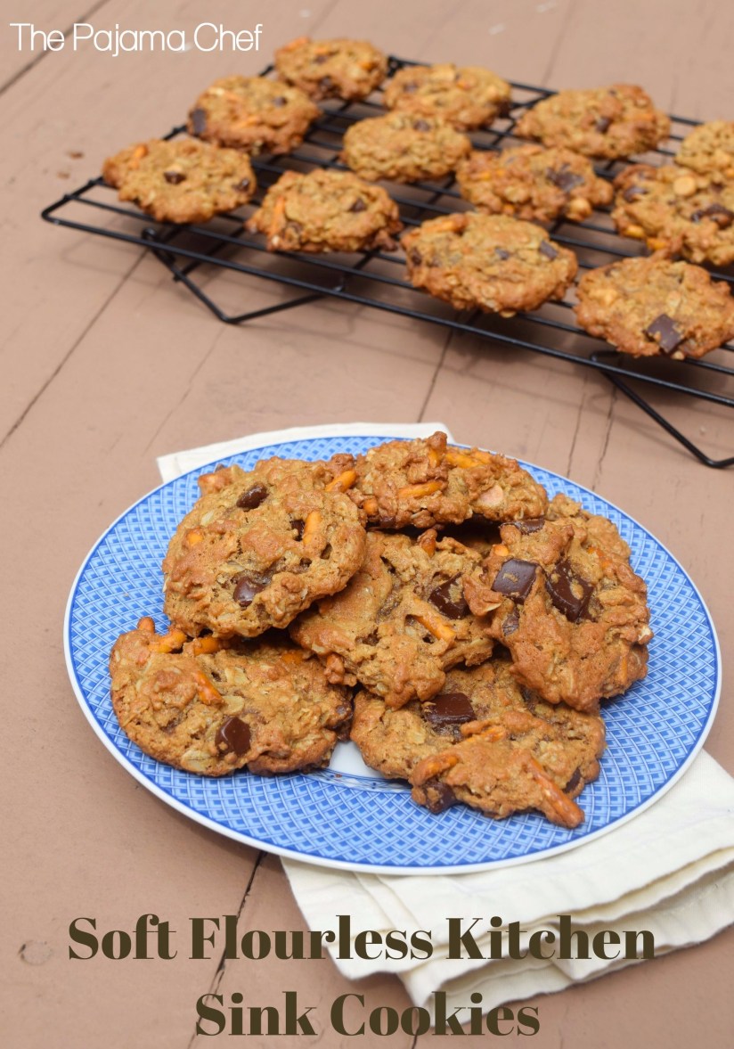 Cookies! But not just any cookies... these Soft Flourless Kitchen Sink Cookies are filled with oats, peanut butter, pretzels, butterscotch, and CHOCOLATE!  Duh. They're absolutely irresistible and a great way to cap off #Choctoberfest!