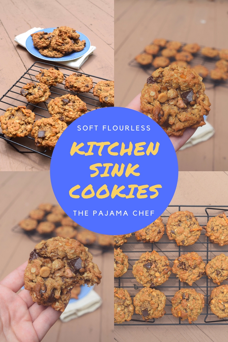 Cookies! But not just any cookies... these Soft Flourless Kitchen Sink Cookies are filled with oats, peanut butter, pretzels, butterscotch, and CHOCOLATE!  Duh. They're absolutely irresistible and a great way to cap off #Choctoberfest!