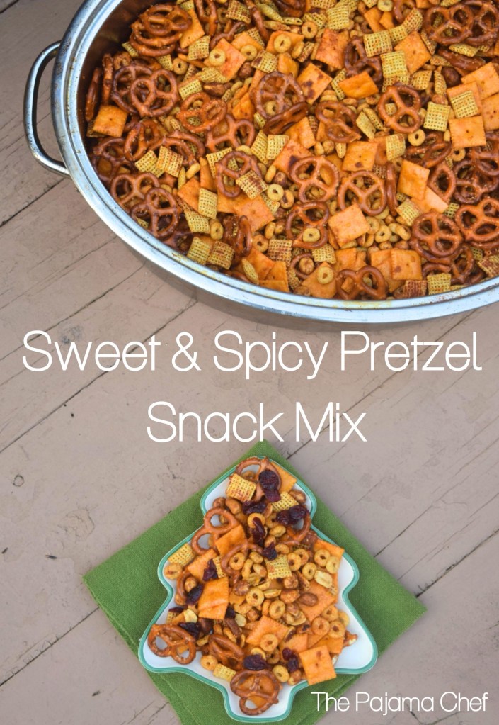 Sweet and spicy snack mix--a delightful blend of pretzels, honey roasted peanuts, cheese crackers, cereal, and dried cranberries. Everyone will love this addictive snack!