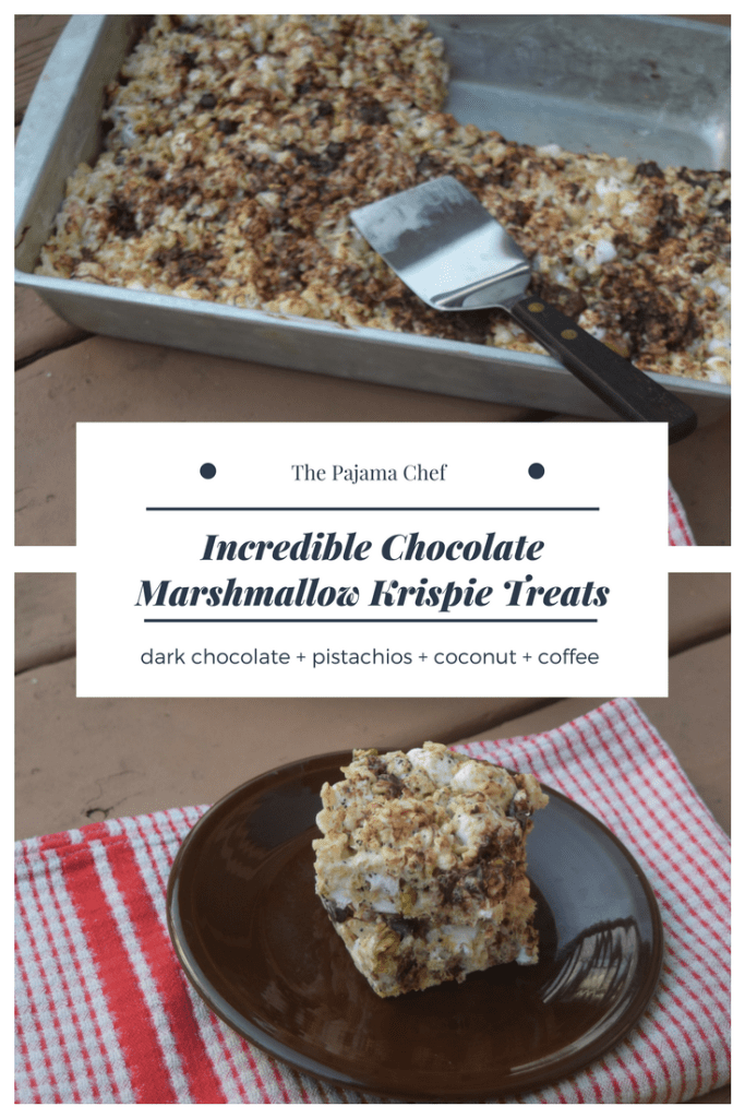 Seriously the BEST marshmallow krispie treats you've ever had. These little bars are incredible--so chocolately, so marshmallow-y, and full of fun mix-ins like coffee, pistachios, and coconut. The perfect treat for your Valentine or anyone, anytime.  #FoodBloggerLove